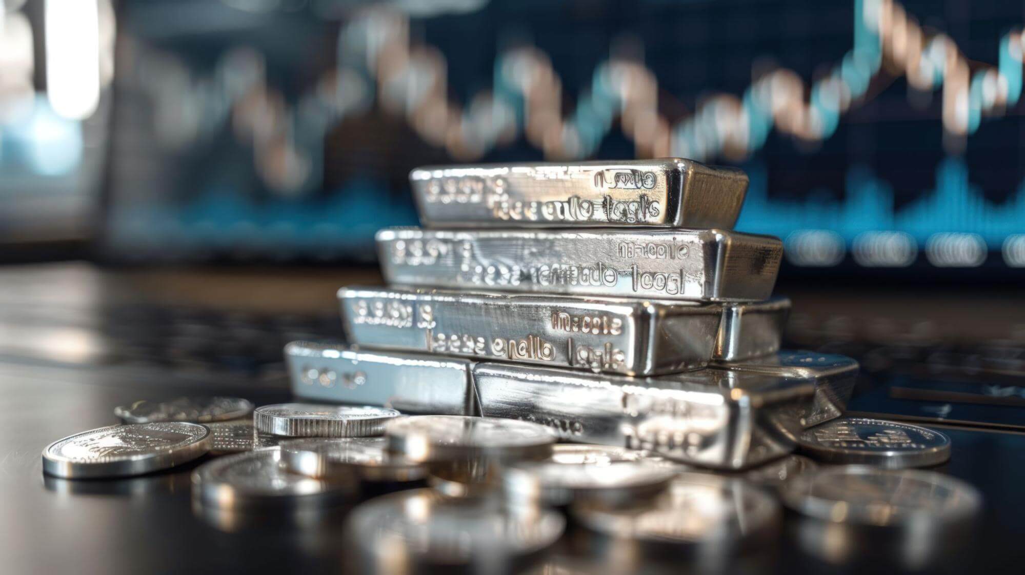Image of silver coins and silver bars on a table with a monitor showing candlestick financial charts in the background