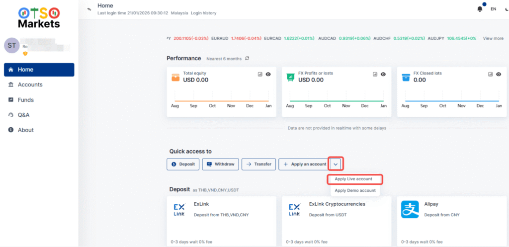 Screenshot of the OTSO Markets trading platform showing how to get quick access to applying for a live account.