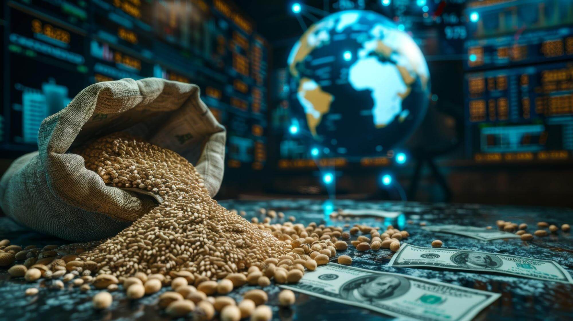 Image of a bag of soy, commonly seen in commodities CFD trading markets, spilled onto a surface with US dollars, with a world globe and trading indicator charts in the background.