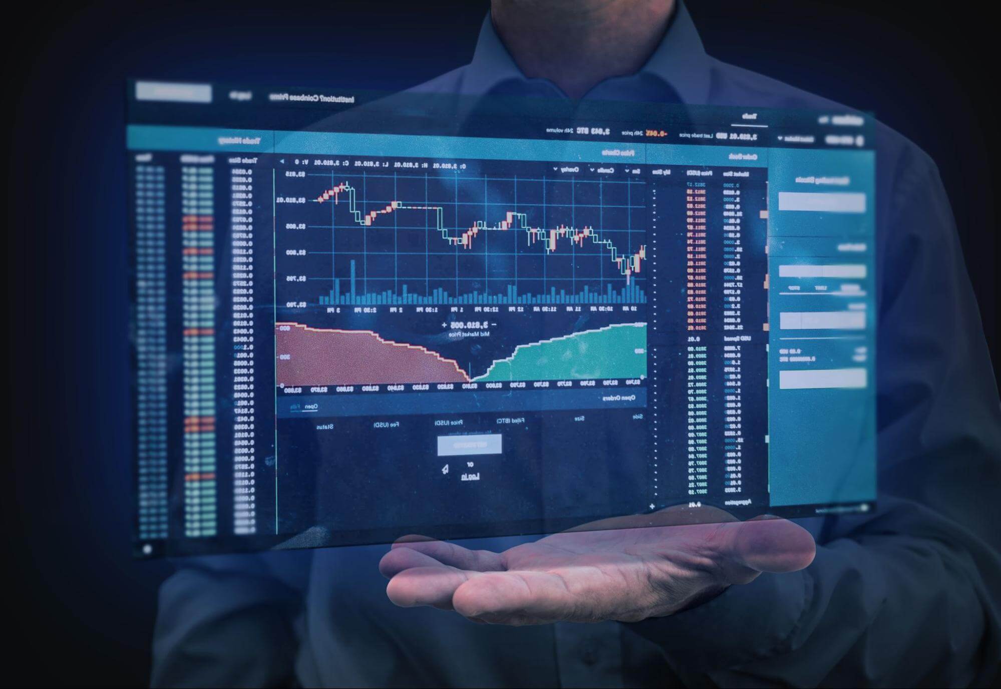 A man holding up a graphical depiction of financial indicators and charts as it would look on a trading terminal. 